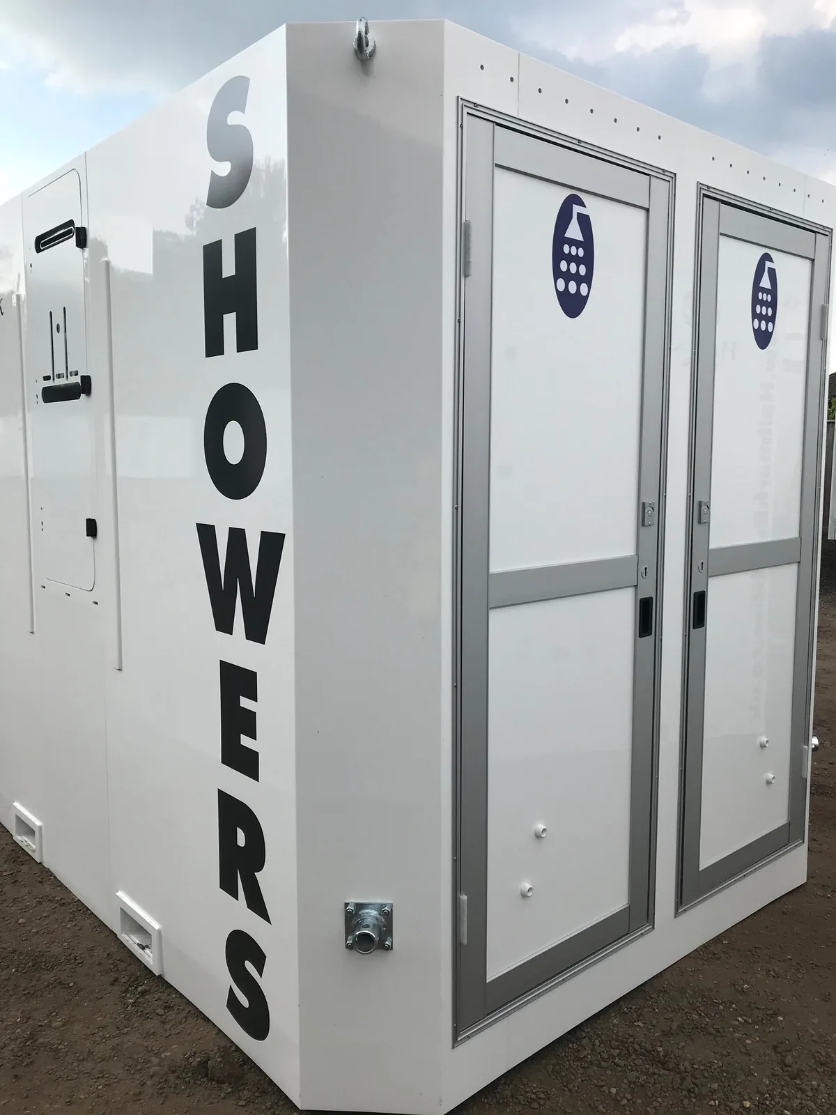 Four-bay portable shower pod hire for festivals, glamping and camping